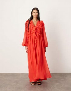 ASOS EDITION chiffon raw edge ruffle maxi dress with drawstring waist in red  | ASOS
