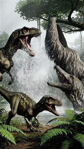 Velociraptor vs a massive Mosasaurus breaching the water in a Prehistoric World