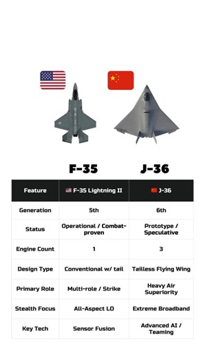 F-35 vs J-36 Fighter Jet Comparison 2025 | USA vs China Jet Showdown In this high-stakes airpower face-off, we compare the American F-35 Lightning II — a proven 5th-generation stealth fighter — against China’s next-generation J-36, the rumored 6th-gen stealth jet aiming to redefine aerial warfare. From radar-evading technology and weapon systems to range, maneuverability, and AI-assisted combat, this is the ultimate clash of innovation and engineering. Key Highlights: ⚔️ Stealth & Radar Technolo