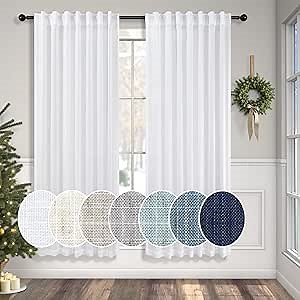 White Textured Curtains 72 Inch Length for Living Room 2 Panels Back Tab Pocket Energy Efficient Light Filtering Canvas Cotton Look Sheer Drapes for Bedroom Patio Door Farmhouse Boho Decor 52x72 Long