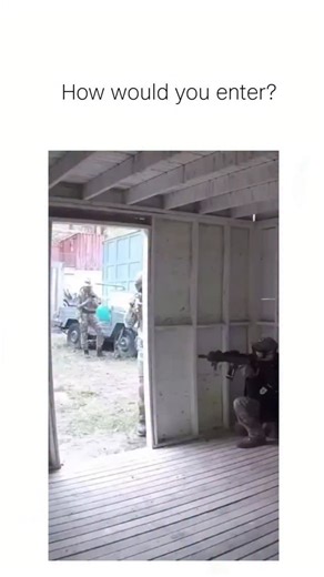 whatmemes on Instagram: "The post shares a 16-second video clip depicting a failed close-quarters battle (CQB) entry by a team of geared-up soldiers into a wooden shack, where each operator is rapidly shot and collapses upon crossing the threshold, likely from training footage to illustrate ambush risks. It prompts audience interaction with "How would you enter?", yielding over 2,300 replies blending tactical advice—like fragging the room first or shooting through thin walls—with humor, such as 