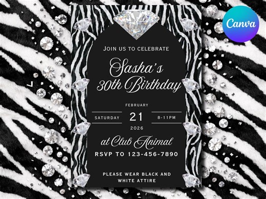 Zebra Print 30th Birthday Invitation, Glam Black and White (digital Invite) - Etsy Canada