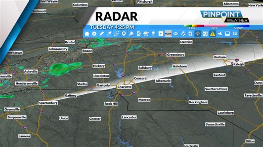 4:55pm radar: The cold front is on the move and bringing some sct'd showers over the mountains & foothills. A little rain is still possible over the CLT area and east through this evening. Gusty wind, too! #cltwx #ncwx #scwx | Meteorologist Tara Lane