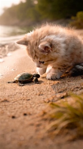 Kitten Protects a Baby Turtle 🐱🐢💛