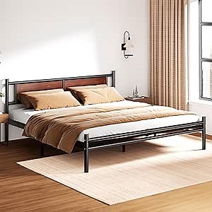 Sismplly California King Bed Frame with Wooden Headboard, Heavy Duty Platform Bed with 12 inches Under Bed Storage, Black Metal Support System, No Box Spring Needed, Mahogany