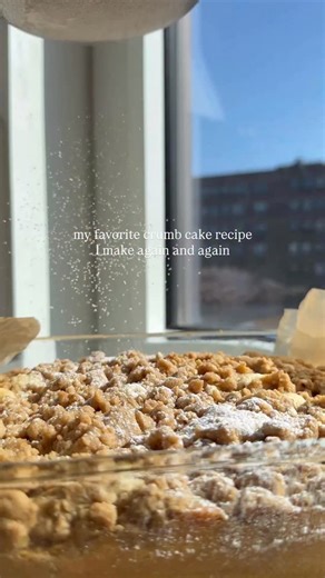 My all time favorite crumb cake by @testkitchen!! Comment CRUMBS to get a link to the recipe ✨ PLEASE make sure to watch this in the oven and don’t over bake it! It can be hard to tell when this is done thanks to the layer of crumbs on top but you can see when the center stops looking wobbly and it should smell fragrant when done. Test with a toothpick to make sure it comes out clean or with just a few crumbs! #crumbcake #crumbcakes | The Pancake Princess