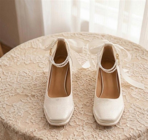 Ivory Satin Wedding Shoes, Pearl Ankle Strap, Ribbon Bow, Square Toe Block Heel Pumps - Etsy