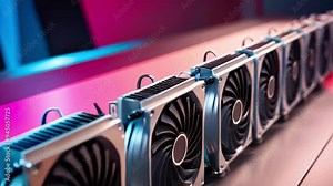 Close up of multiple silver computer graphics cards with fans, on a table with red and blue light. Stock Video