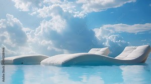 Set against a blue sky and fluffy white clouds two floating lounge chairs create a relaxing spot for soaking up the sun.