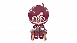 Download cute cartoon boy reading a book on a chair, loop animation for free