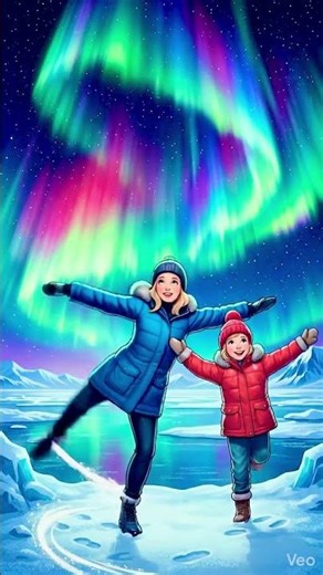 Mother&daughter dance Under the Northern Lights ❄️✨ Beautiful Winter Animation #shorts #aianimation