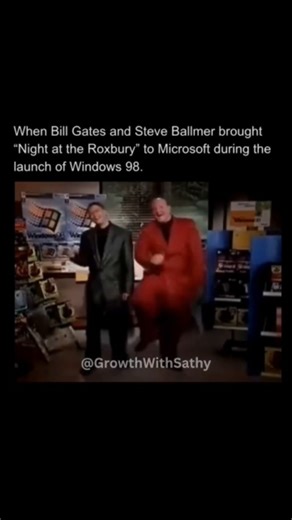 Sathy on Instagram: "In 1998, Microsoft’s launch of Windows 98 marked a defining moment in tech marketing history, blending corporate seriousness with pop-culture showmanship. At the launch event, Bill Gates and Steve Ballmer stunned the crowd by walking on stage dancing to Haddaway’s “What Is Love”, imitating the “Night at the Roxbury” head bob routine. Beyond entertainment, this event symbolized Microsoft’s transformation into a relatable brand appealing to both enterprise and consumer markets