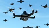 Swarm of security drones with surveillance camera flying in the sky....