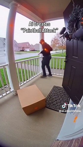 AI just dropped the ultimate “Porch Pirate Justice” 💀📦 — someone made a doorbell cam video of a guy trying to steal a package, but the homeowner bursts out with a paintball gun and lights him up like it’s Splatoon 😂🎨 AI’s officially making suburban warfare cinematic. 📌 Free AI Guides in bio 🚀 #AIVideos #AIComedy #FunnyReels #ViralAI #AIHumor