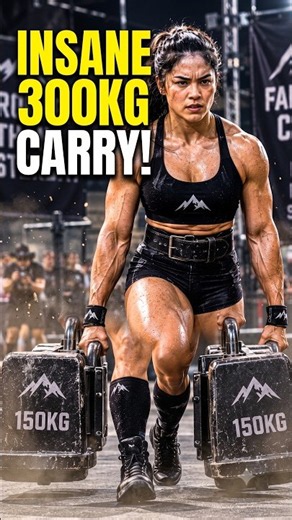 A powerful muscular female athlete performs an extremely heavy Farmer’s Carry