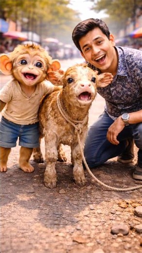 A Brave Little Monkey Saved a Baby Cow on a Busy Road 🐒🐄❤️ | Emotional Rescue Story #shorts