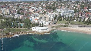 Aerial View Of Coogee Surf Life Saving Club With Ross Jones Rockpool Near Grant Reserve In Coogee Bay, NSW Australia. - Pullback Shot
