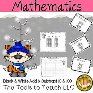 Winter 30 Add and Subtract 10 or 100 Task Cards Black and White Grade 2 Low Prep