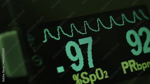 Pulse oximeter showing oxygen saturation and heart rate on screen. Medical device measuring oxygen saturation and heart rate, displaying vital signs on a digital screen