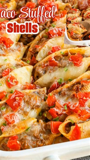 Taco-stuffed shells are jumbo pasta shells plump full of seasoned ground beef, onions, salsa, cheddar, and Monterey Jack Cheese. | Fun Recipes