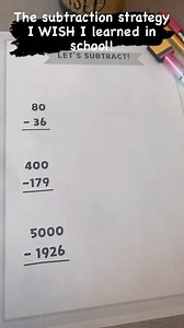 Here’s how it works! 👇 This strategy, called compensation, is a super easy alternative for kids (and adults!) who struggle with regrouping (or borrowing for my peeps born in the 80s and 90s like me!) across multiple zeroes. 💾Don’t forget to LIKE and SAVE this for later and FOLLOW for more fun math hacks and resources! ➕➗➖✖️ ⭐️When your whole number has a zero in the final place value(s), you can subtract one from both the whole and the part and the difference between the two numbers will stay 