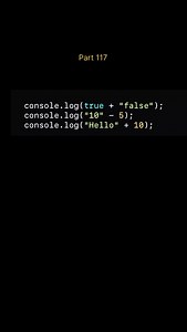 Day 117 : Frontend interview questions🔥 || SAVE FOR LATER 📲 Answer: A) truefalse, 5, Hello10 Explanation: 1. true “false” → JavaScript converts true to the string “true”, resulting in the concatenation “truefalse”. 2. “10” - 5 → The string “10” is converted to the number 10 for the subtraction operation, giving 10 - 5 = 5. 3. “Hello” 10 → The string “Hello” is concatenated with “10”, producing “Hello10”. Frontend development, web development, HTML, CSS, JavaScript, React #webdev #frontenddev #