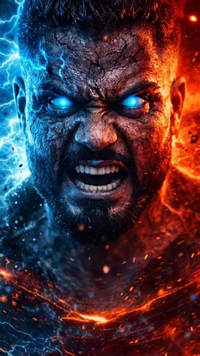 Ahsan Ak Pathan on Instagram: "Check pin comment for prompt....... . . . . . . . #AIArt #instareels #trending #viralreels #foryoupage instagram intagood Prompt-Please create a realistic image for this prompt using reference image- Extreme close-up cinematic thumbnail, vertical 9:16. Face filling most of the frame, massive stone-textured grey skin with visible cracks glowing bright electric blue, glowing intense blue eyes widened in rage, eyebrows tightened, teeth slightly visible, dust and spark