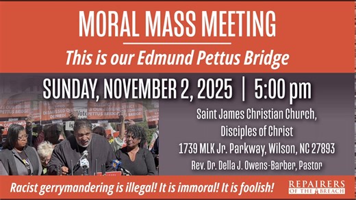 The Moral Mondays Coalition and their partners hold a Moral Mass Meeting to launch a campaign of litigation, nonviolent resistance, and mass voter mobilization in Wilson, North Carolina–the historic First Congressional district where racist gerrymandering efforts are being targeted. | William J. Barber, II