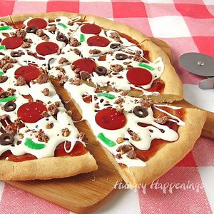 Cookie Pizza Topped with White Chocolate, Fruit Leather, and Candy