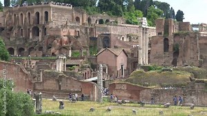 Rome, view and details of the ruins of the Roman Forum which together with the Colosseum and the Arch of Constantine, is the largest and most important archaeological complex in the world