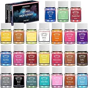 Mica Powder, 24Colors, 10g/0.35oz Bottles Mica Glitter Powder Pigment, Mica Powder for Epoxy Resin, Candle Making, Slime Making, Soap Making, Lip Gloss, Bath Bomb, Art Crafts, Resin Dye, Nails