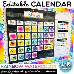 EDITABLE Rainbow Watercolor Classroom Calendar Cards For Pocket Chart