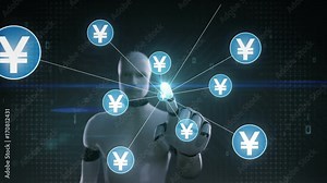Robot, cyborg touching Yen symbol, Numerous dots gather to create a Yen currency sign, dots makes global world map, internet of things. financial technology 1.
