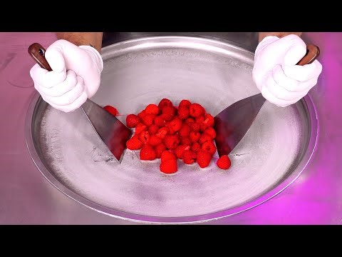 ASMR - Raspberry Ice Cream Rolls | how to make fresh red Raspberries to Berry Ice Cream (Recipe)