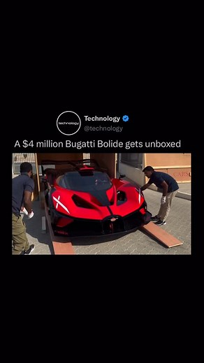 Technology on Instagram: "Unveiling one of the most extreme machines ever built, the Bugatti Bolide is a track-only hypercar designed for pure performance and speed. From the carbon-fiber body to the massive rear diffuser, every inch serves function and aerodynamics. Powered by a quad-turbo W16 engine producing over 1,500 horsepower, it delivers acceleration and handling beyond imagination. Watching it emerge from its crate feels less like a car delivery and more like the arrival of a jet-engine