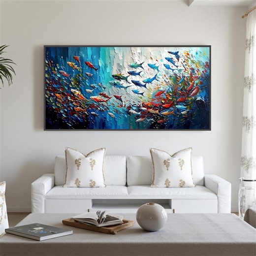 Large Textured Fish Painting, Abstract Ocean Wall Art, Coastal Canvas Decor - Etsy
