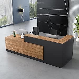 Modern Reception Desk with Counter, Front Desk L-Shaped Receptionists Desk with Lockable Drawer & Cabinet, Wooden Checkout Counter (Black Left, 70.87"x23.6"x41.3")