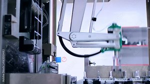 Manufacturing line at chemical factory. Automated production line at chemical plant. Conveyor belt at pharmacy factory. Medicine industry. Packaging machine. Robotic technology. Industrial equipment