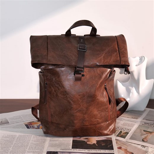 Brown Leather Roll-top Backpack | Zippered Leather Backpack | Large Capacity Backpack - Gift for Men | Christmas, Anniversary - Etsy