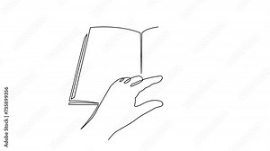 Hand with opened book, one line art animation, hand drawn notebook continuous contour motion.Education studying concept outline, festive knowledge day video, minimalist design. 4k movie