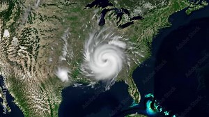 Hurricane formation and movement captured in time lapse satellite imagery over coastal regions and inland areas