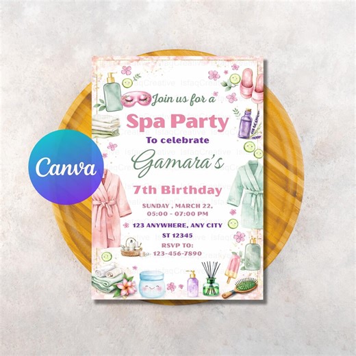 Girls Spa Party Invitation Template | Editable Pamper Celebration Invite (canva Instant Download) - Etsy