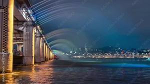 Banpo Bridge Moonlight Rainbow Fountain Show Timelapse At Night, Seoul, South Korea - dynamic zoom out