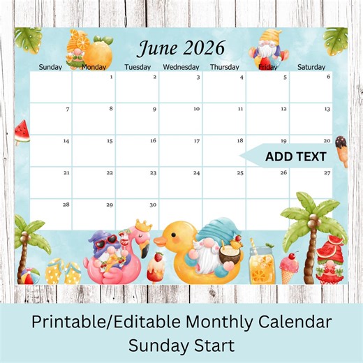 Editable June 2026 Calendar, Summer Planner, School/office/work/home Schedule, Printable Monthly Calendar, Instant Download - Etsy