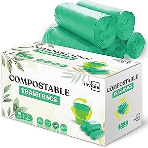 Compostable Trash Bags - Biodegradable Garbage Bags - Pouch for Kitchen & Bathroom - Durable, Not-Eazsy-To-Tear, Leak-Proof, Odor-Control, Plastic-Free Waste Sack - 8 Gallon Each, 75 PCS - Green