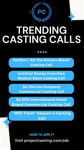 🔥 TRENDING CASTING CALLS THIS WEEK 🎬✨ This week’s most in-demand opportunities are here — and the industry is booking FAST. From major streaming platforms to high-paying commercial shoots, these are the roles everyone is talking about: 🔹 Netflix’s “All The Sinners Bleed” Casting Call 🔹 Untitled Disney Franchise Musical — Open Casting Call 🔹 $4,700 Car Company Commercial Casting Call 🔹 $2,000 International Hotel Brand Commercial Casting Call 🔹 “Will Trent” Season 4 Casting Call If you’ve b