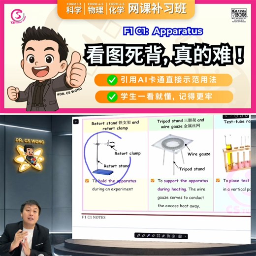 1.9K views | F1 科学刚开始就要背一堆 apparatus，只靠图片硬背真的很折磨  .  Dr. CS Wong 用生动有趣的教学方式配合 AI 卡通，直接示范 retort stand 的用法, 让学生们一看就懂、记得更深刻 易邏 . #form1 #science #kssm #cswong科学补习 #cswong老师 #科学补习 | CS Tuition Centre | Facebook