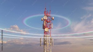 Telecommunication tower with 5G technology, animated digital wireless signal. Development of communication systems 4G cell telecom
