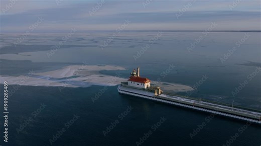 Aerial view of the Duluth North Pier Lighthouse at the end of a pier, surrounded by pancake ice sheets on the deep blue waters of Lake Superior.