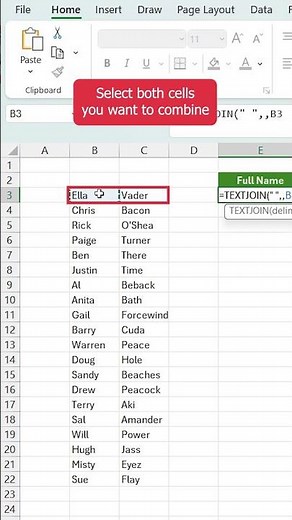 How to Combine First and Last Names in Excel Automatically